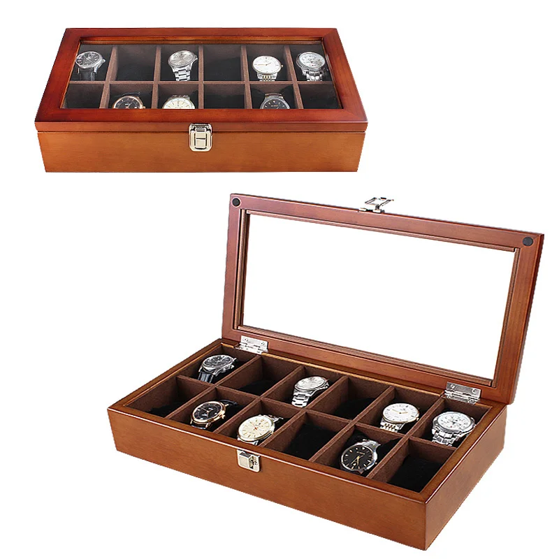 12 Slots Watch Display Boxes Case Wood Material Transparent Skylight Watch Organizer Holder New Women's Jewelry Storage Box