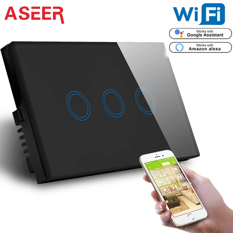 ASEER стандарт США 3 банды wifi выключатель света 2,4 ГГц, умный Wi-Fi/приложение управление сенсорный смарт-переключатель поддержка Alexa и Google Assistant
