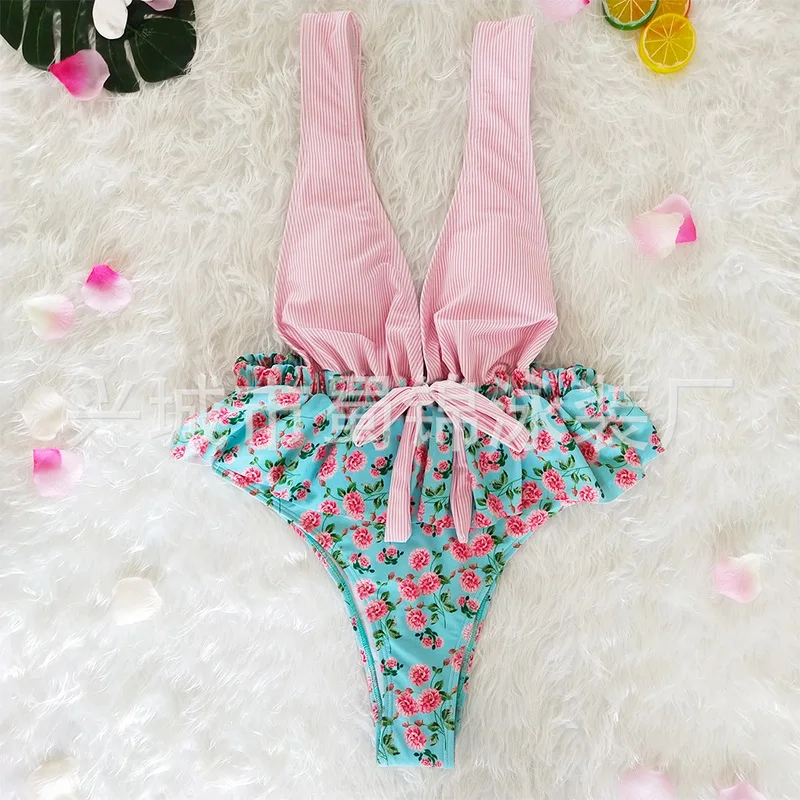 S-XL New 2018 Manufacturers Swimwear Ruffled Large V-neck Bow Sexy Ladies Bathing Suit One-piece Swimsuit 4 Color Spot SW140 | Спорт и