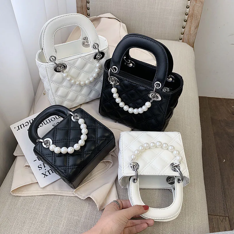 Женская сумка через плечо маленькая с квадратной цепочкой и жемчугом|Сумки