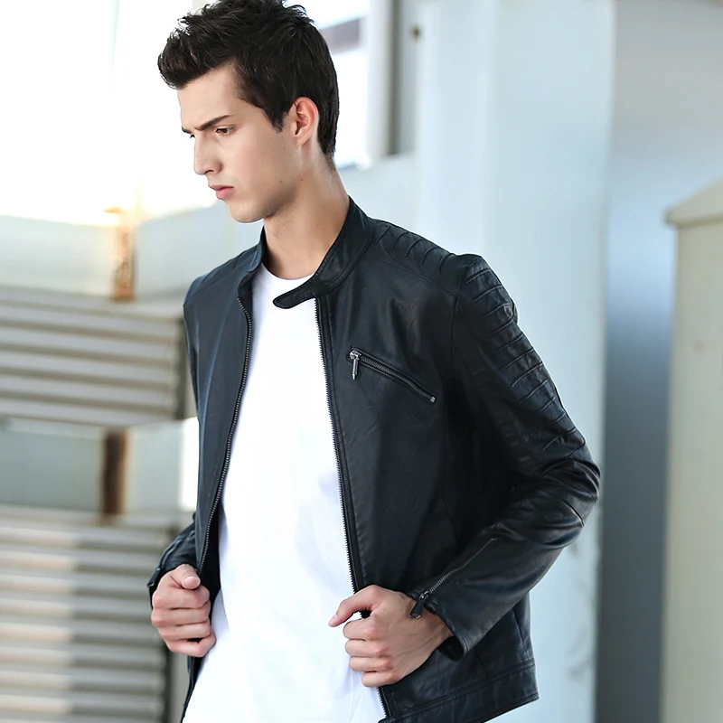 2018 Winter Men's Leather Jacket Men Slim Stand Collar Jaqueta Couro Bomber Male Top Locomotive Coats | Мужская одежда