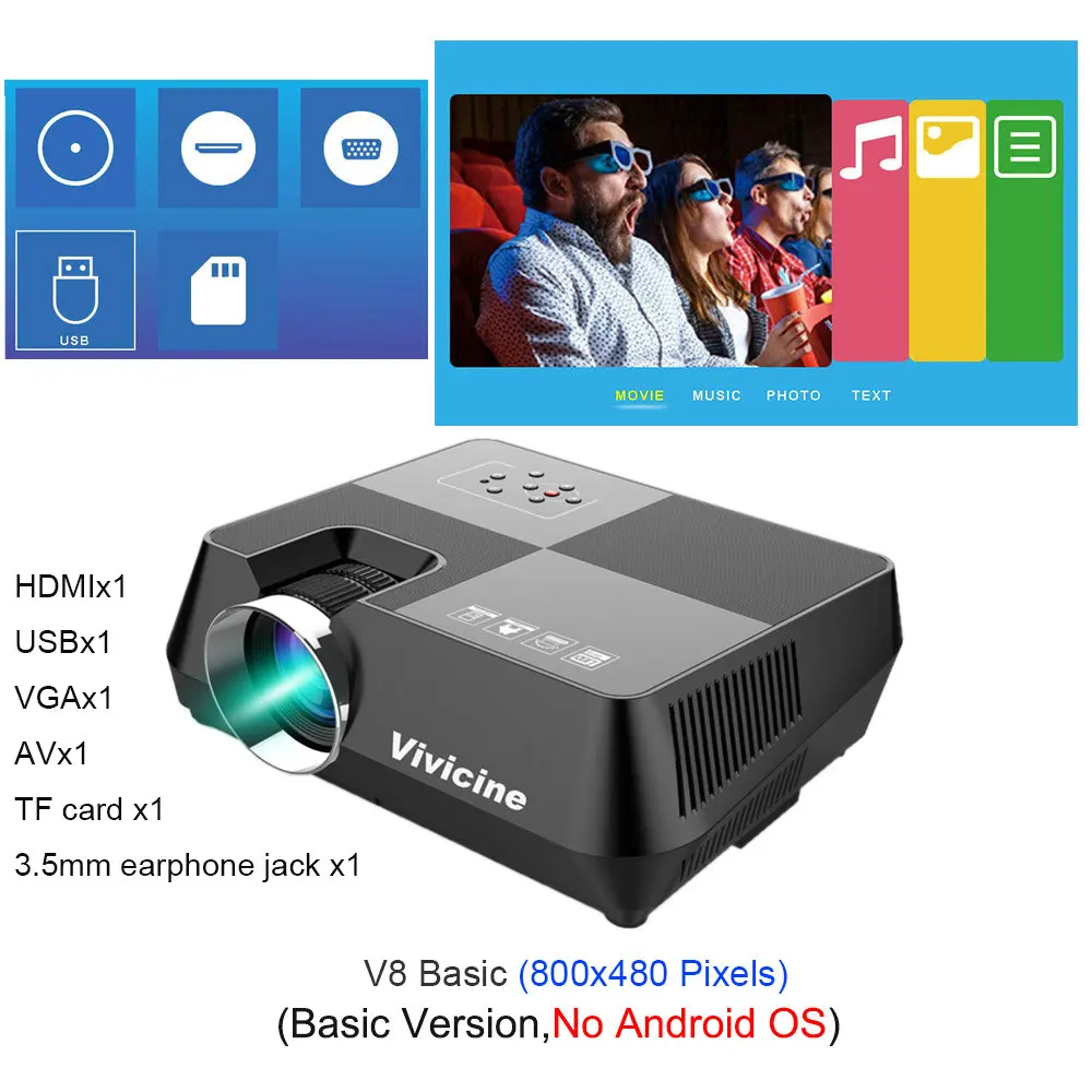 Vivicine 720P HD проектор, опционально Android wifi Bluetooth HDMI USB PC Мини светодиодный портативный проектор для видеоигр - Цвет: V8 800x480