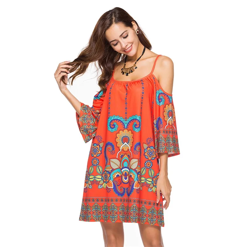 Летнее платье с принтом женское пляжное открытыми плечами boho мини-сарафан