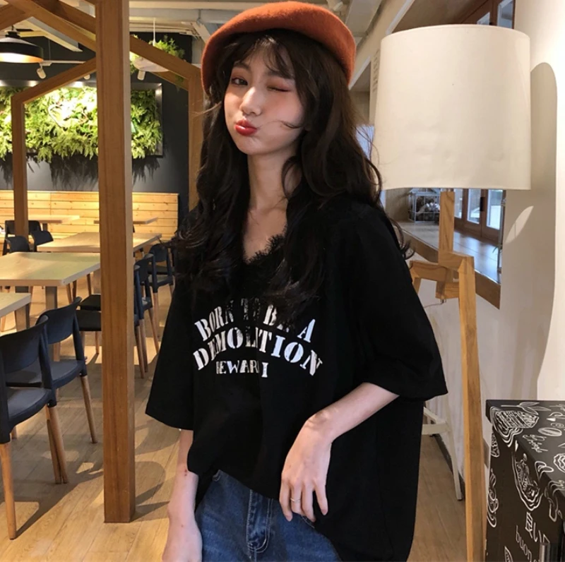 Harajuku сексуальные кружевные женские футболки Ulzzang летние с коротким рукавом