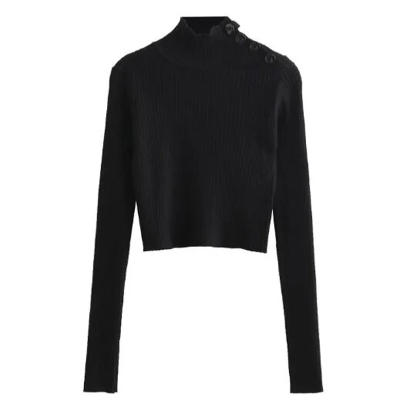 Короткий свитер с высоким воротником и открытыми пуговицами черный вязаный