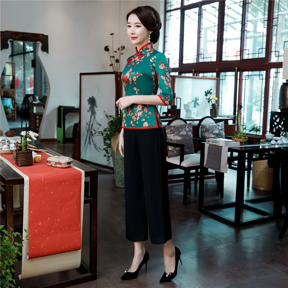 Шанхай история 3/4 рукав Cheongsam топ + брюки комплект Китайская традиционная одежда