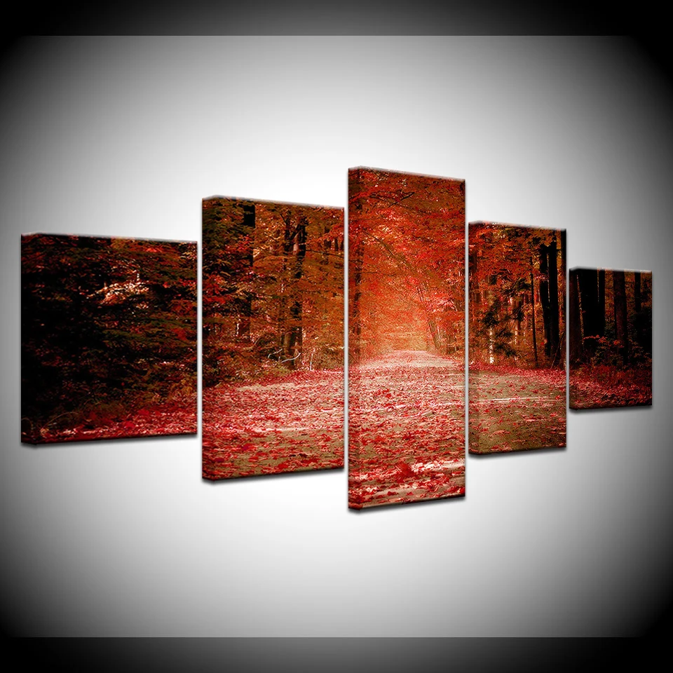 

Canvas Paintings Living Room Decor 5 panel Red Trees Landscape Pictures Wall Art HD Prints Deciduous Street Posters Framework