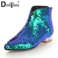 doratasia new arrival women ankle boots 32 43 pointed toe low heels chelsea sequined cover autumn winter boots shoes woman