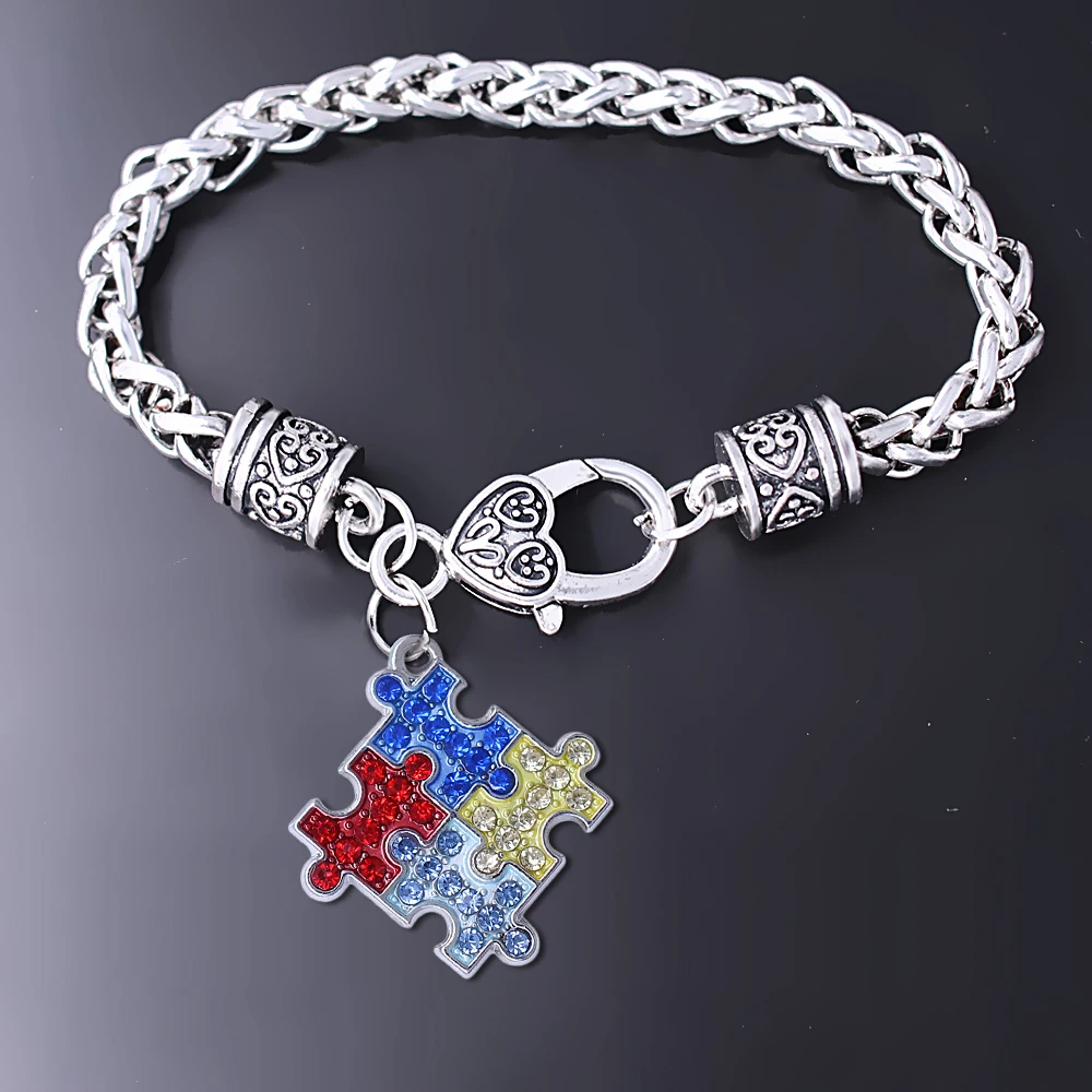 Fashion colorful rhinestone inlay square autism puzzle jigsaw metal pendant bracelet FIT for best autistic jewelry bangle | Украшения и
