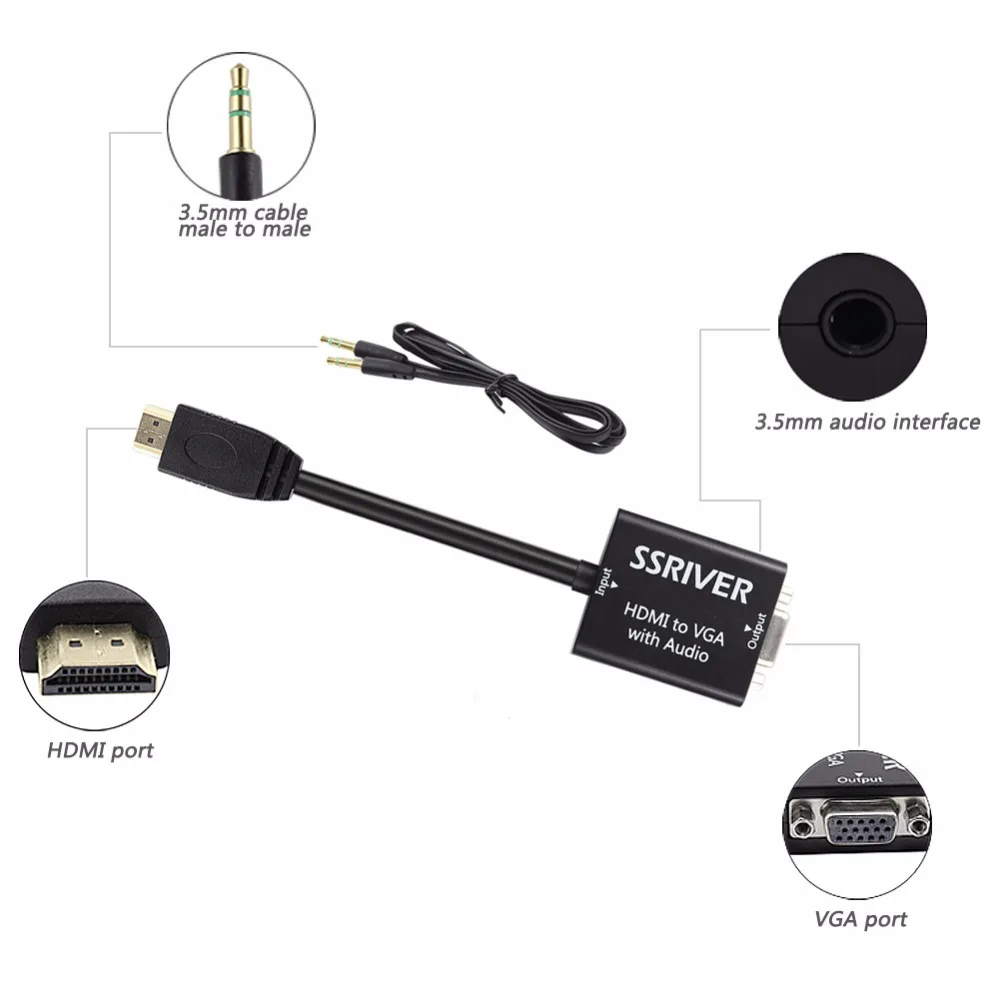 Ssriver Mini HDMI и VGA Adapter HDMI2VGA цифро аналоговый с TO 3.5 мм разъем аудио кабель адаптер для