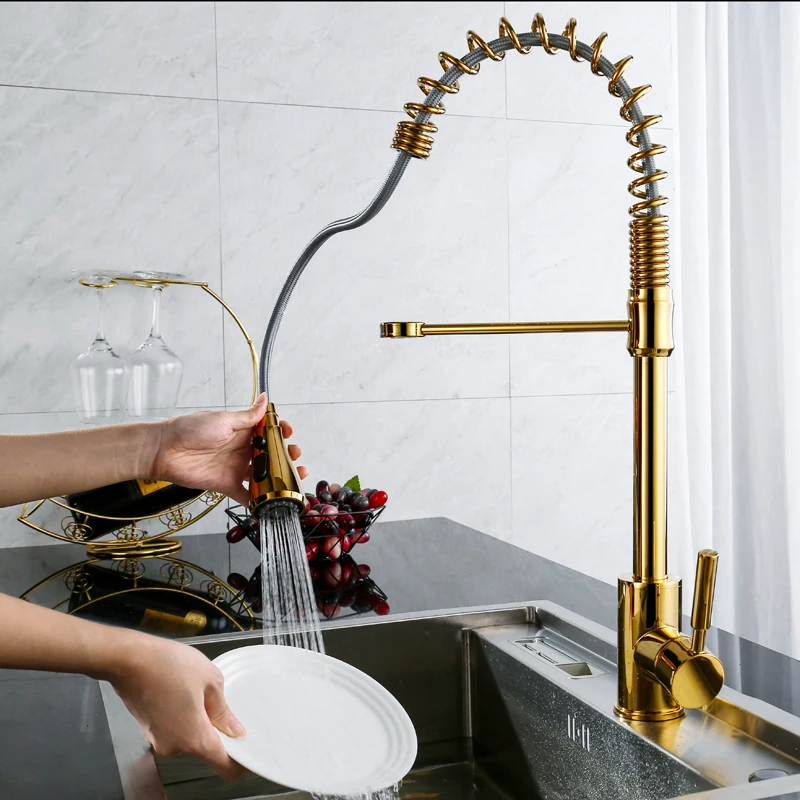 OLMEY Luxury Golden Spring Kitchen Faucets with Dual Functions Pull Down Spray Head Single Lever Sink Taps Mixer 11010-C1 | Обустройство