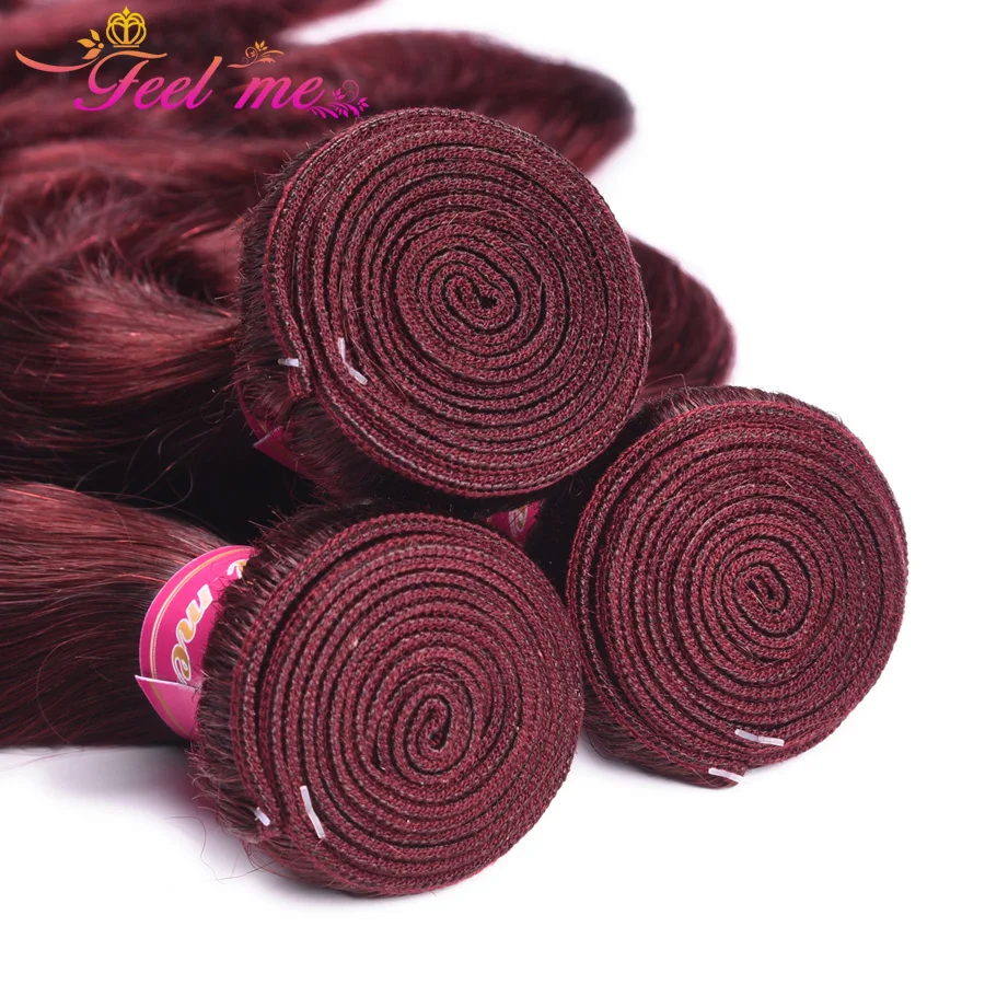 Feel Me Hair MalaysianClosure Human With Bundles Burgundy Body Wave 3 Frontal #99j Pre-Colored Non-remy | Шиньоны и парики