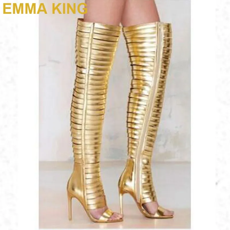 

EMMA KING Gold Over The Knee Gladiator Sandals Boots Open Toe Cut Out Women Sandals High Heels Shoes 2019 New Plus Size 35-43