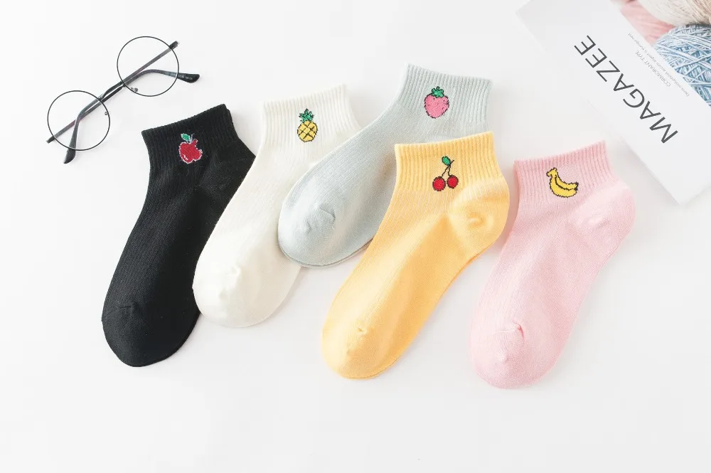 5 пар/хлопковые носки с рисунками однотонные женские носки с забавными фруктами в стиле Харадзюку милые Белые Носки с рисунком персика/клубники/банана