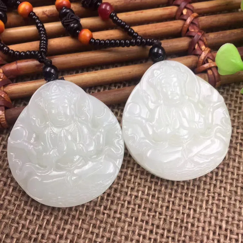 Натуральный Синьцзян Хэтянь нефрит белая рука Гуаньинь подвеска 38*42 мм