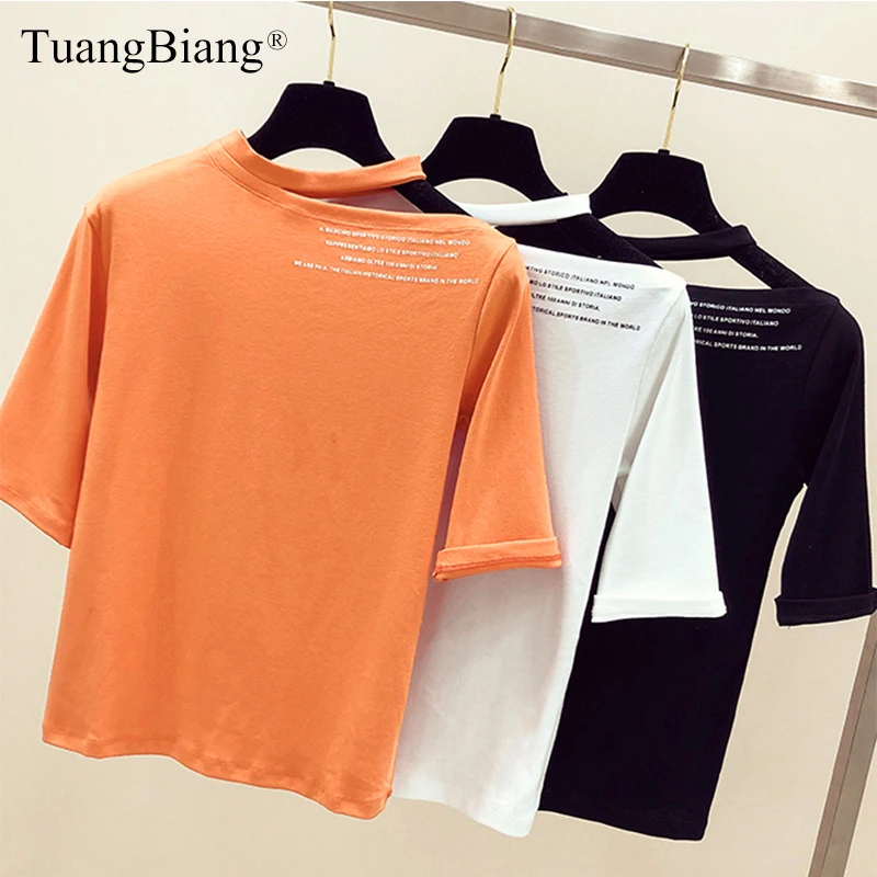 

Off shoulder Ladies 2020 Spring Summer Cotton T Shirts Femme Short sleeve Letter Print Tee Tops Women O-Neck Loose Sexy Tshirts