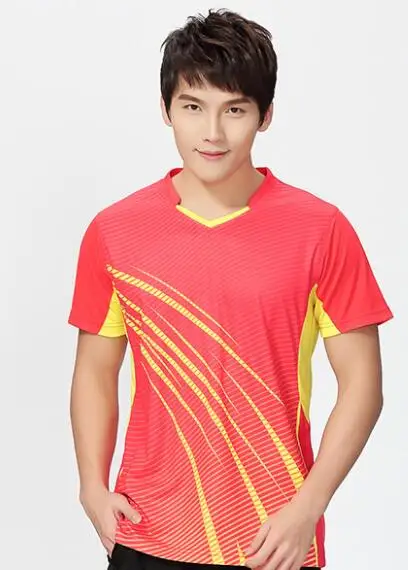 men red shirt Новинка, рубашки для бадминтона/тенниса для мужчин/женщин, одежда для тенниса на заказ, футболки для любителей настольного тенниса, Спортивная футболка с короткими рукавами, шорты - Цвет: men red shirt