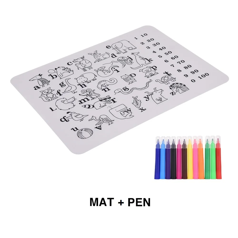 Mat and Pen Детская Водонепроницаемая силиконовая посуда, моющаяся раскраска, многоразовый мультяшный коврик для рисования и ручек, подарки для детей - Цвет: Mat and Pen