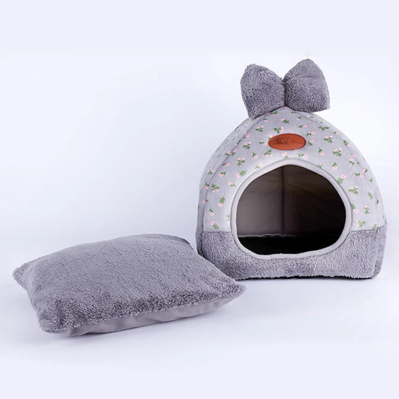 

Petshy Winter Warm Cat Cave Dog House Bed Bow Design Puppy Kennel Foldable Confortable Small Medium Dogs Home Cats Nest