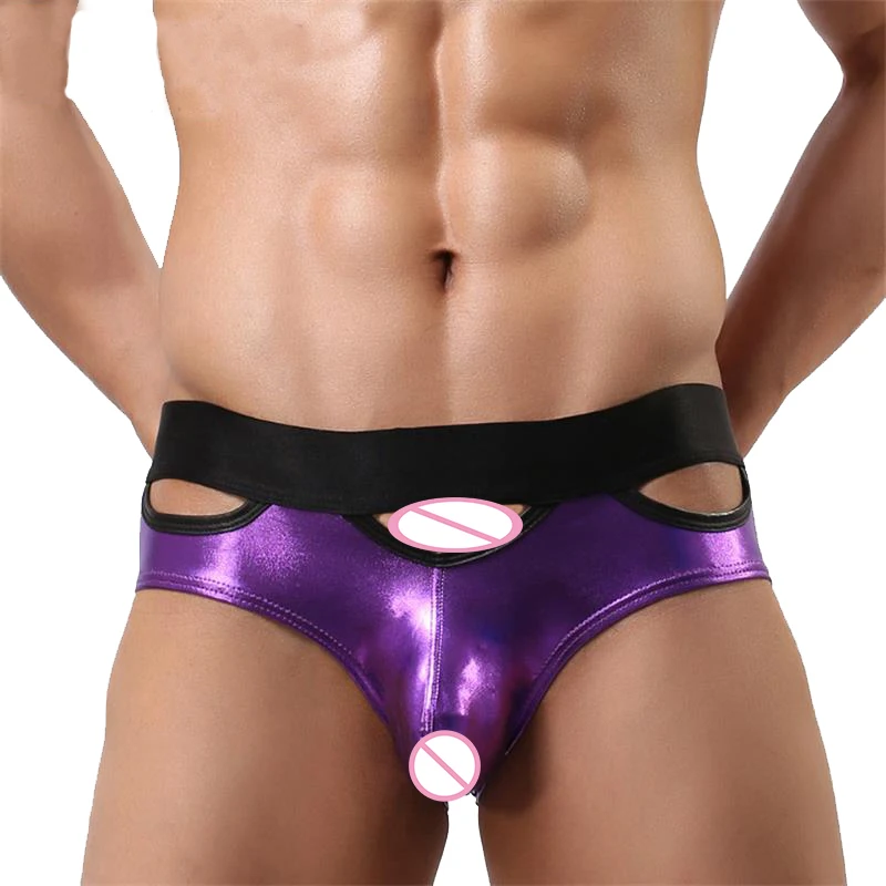 Трусы брифы мужские из искусственной кожи пикантное нижнее белье с вырезами