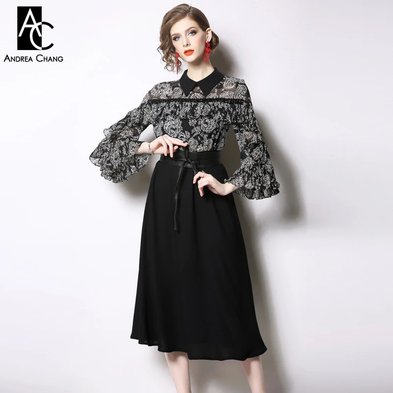 Женское платье с цветочным принтом черное винтажное трапеция до щиколотки