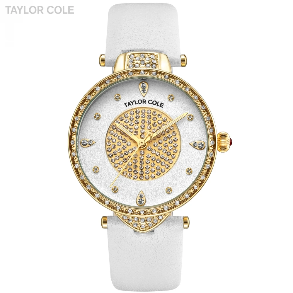 Новые золотые часы Taylor Cole женские модные чистый белый кожаный ремешок дамские