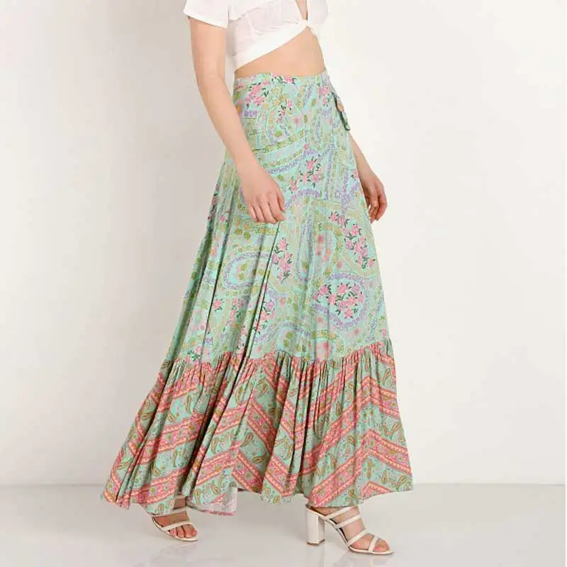 BOHO Вдохновленный sage цветочный принт Высокая талия Макси юбка район Раффлед миди