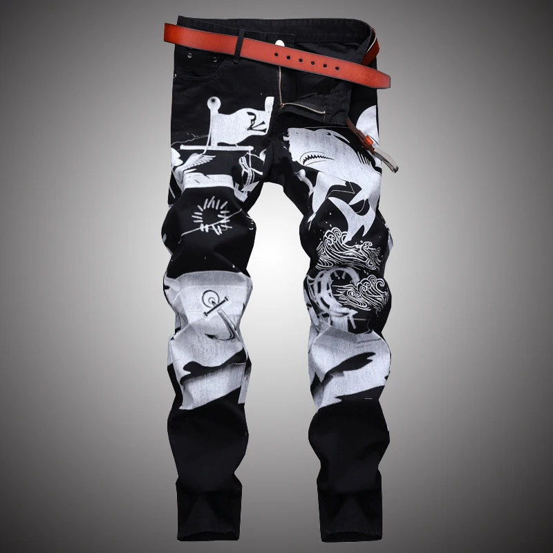 Мужские повседневные джинсы с принтом облегающие джинсовые брюки джоггеры