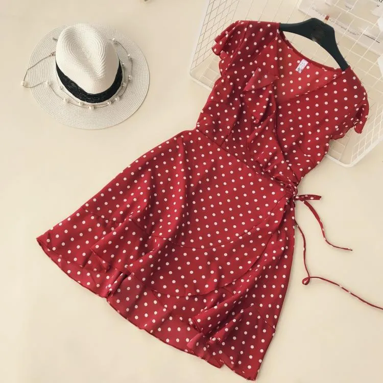 Fashion 2019 Women Polka Dot Dress Ruffled Trim Summer Chiffon Chic Cross Lacing Up V-Collar Mini | Женская одежда