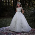 Роскошные трапециевидные цветочные платья для девушек на свадьбу серебряные кружевные аппликации наряд для конкурса платье принцессы для первого причастия Размер От 2 до 16 лет