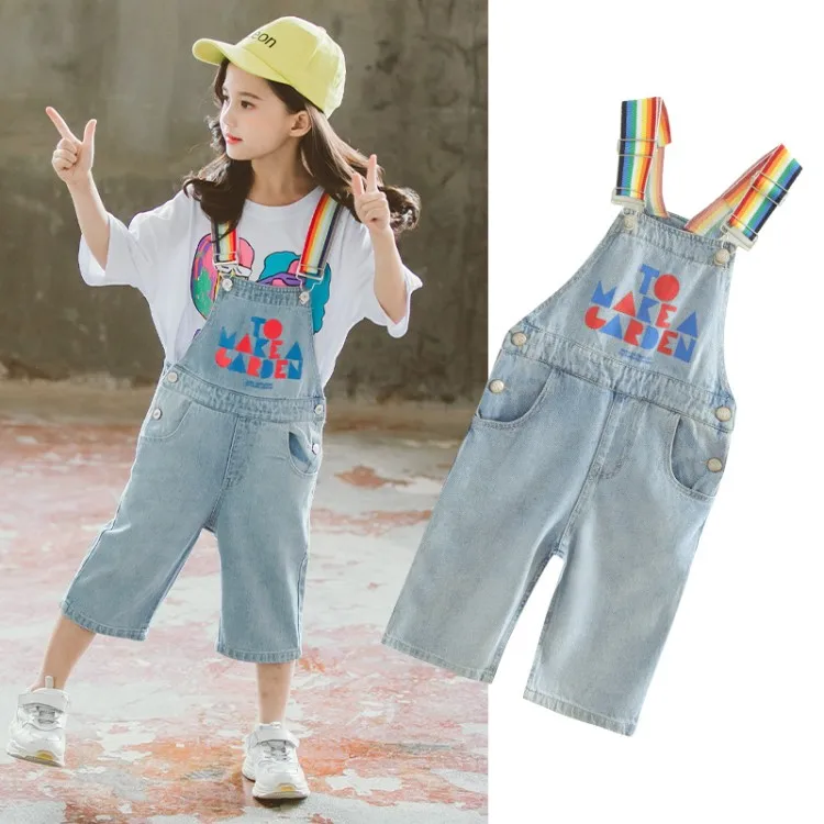 Радужные джинсовые штаны для девочек летние на подтяжках подростков Модные