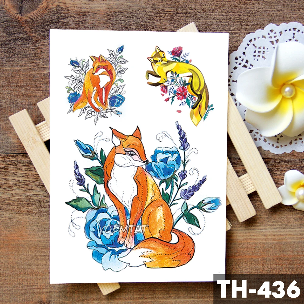 Огненная лиса роза волк перо акварель временная татуировка наклейка Луна