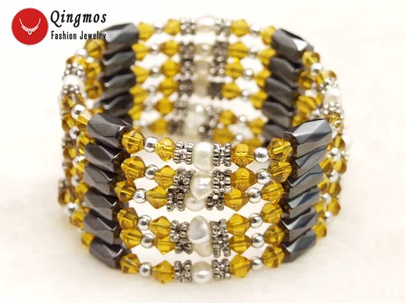 Qingmos 4-5mm Natural White Baroque Pearl Bracelet for Women with Orange Crystal &amp Black Hematite Long Necklace 36'' | Украшения