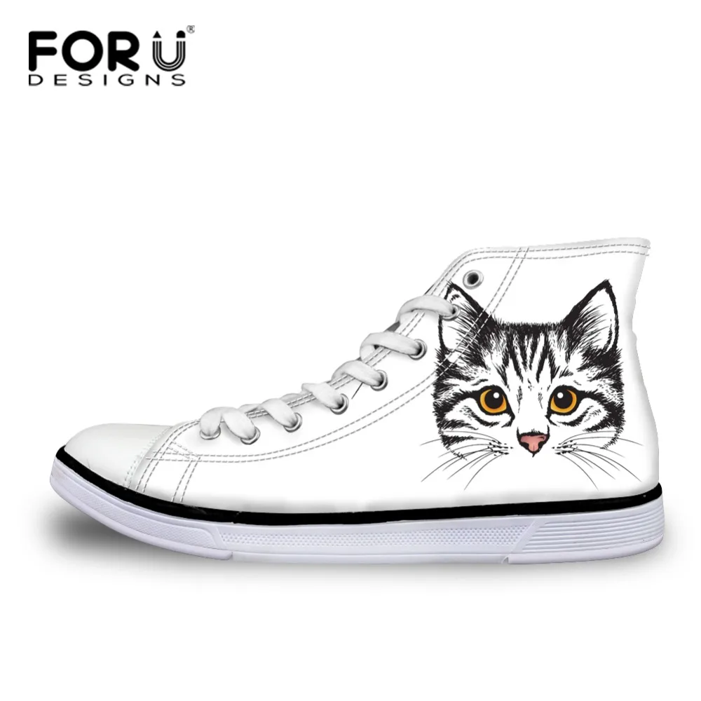FORUDESIGNS Women High Top Canvas Shoes Cute Cat Printing Female Breathable Vulcanized Casual Teens Girls Flats | Обувь