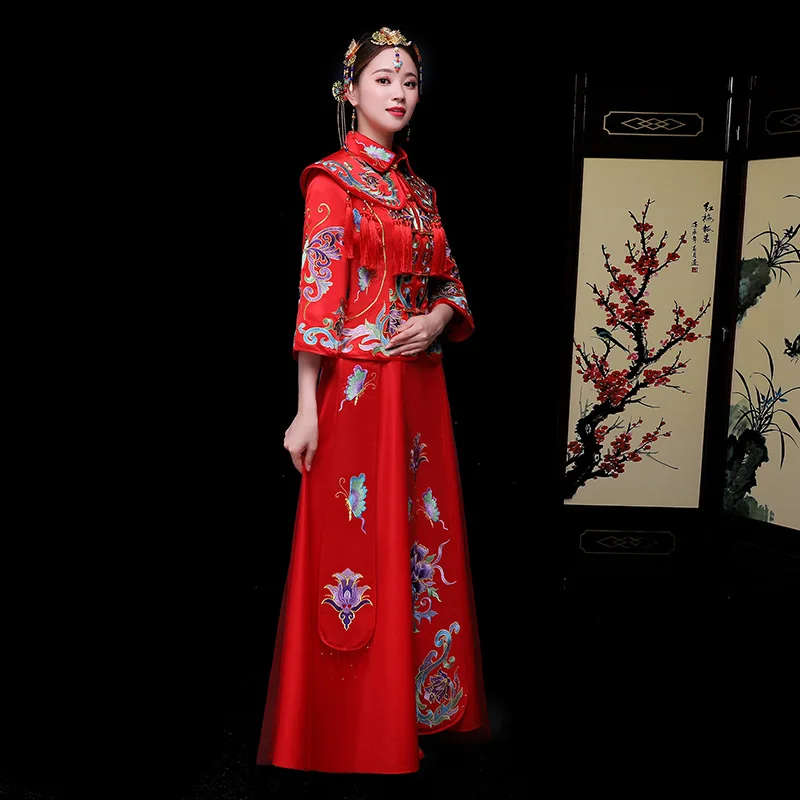 Oriental Bride Red Chinese traditional Wedding Gown Dress Women's Embroider Element Long Cheongsam | Тематическая одежда и