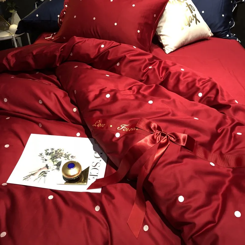 Red with white spots egyptian cotton luxury Bedding Set queen king size bed set Bedsheets linen Europe embroidery Duvet cover | Дом и сад