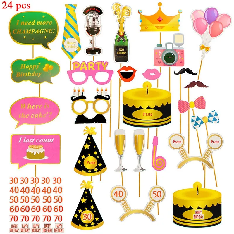 24pcs Photobooth 24 шт. 30 40 50 60 70 Фольга воздушные шары для дня рождения реквизит для фотографий 30th 40th 50th 60th лет фотобанк украшения для взрослых - Цвет: 24pcs Photobooth