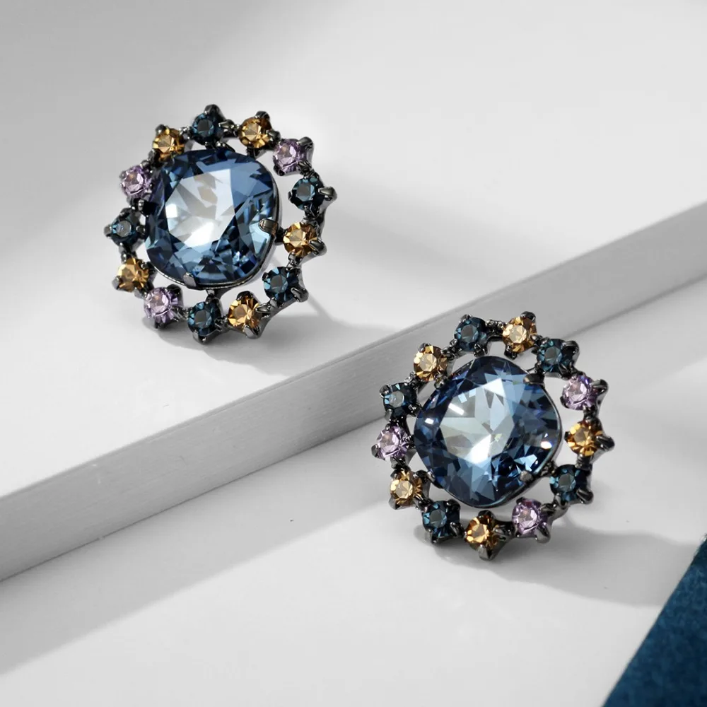 Серьги гвоздики с кристаллами Neoglory благородный синий винтажный круглый дизайн в
