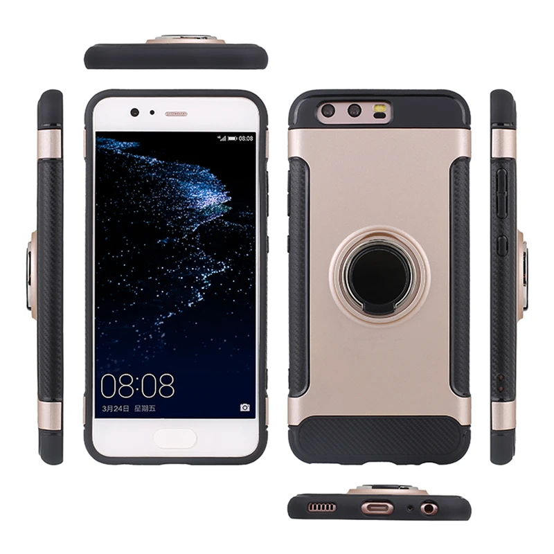 Dual Layer Car Magnet Armor Case For Huawei P10 Shockproof Cover Ring Stand 360 Rotating |