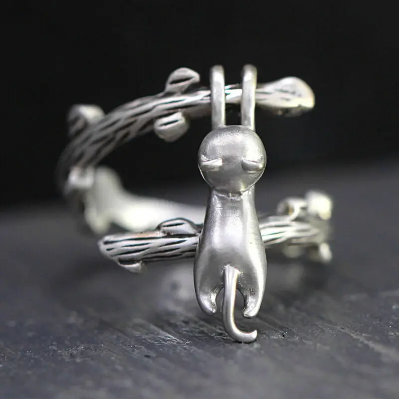 

Silver Plated Open adjustable Branch Cat Rings Handmade Cute Girls Rings Jewelry