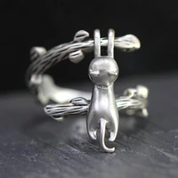 silver plated open adjustable branch cat rings handmade cute girls rings jewelry