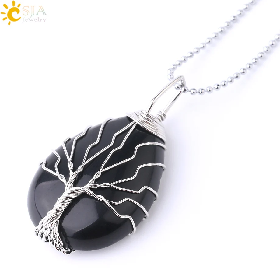 Black Onyx Chain CSJA капли воды Древо жизни Подвески ожерелье Серебряный цвет проволока обертывание черный оникс опал камень кулон для женщин мужчин рейки ювелирные изделия F765 - Окраска металла: Black Onyx Chain