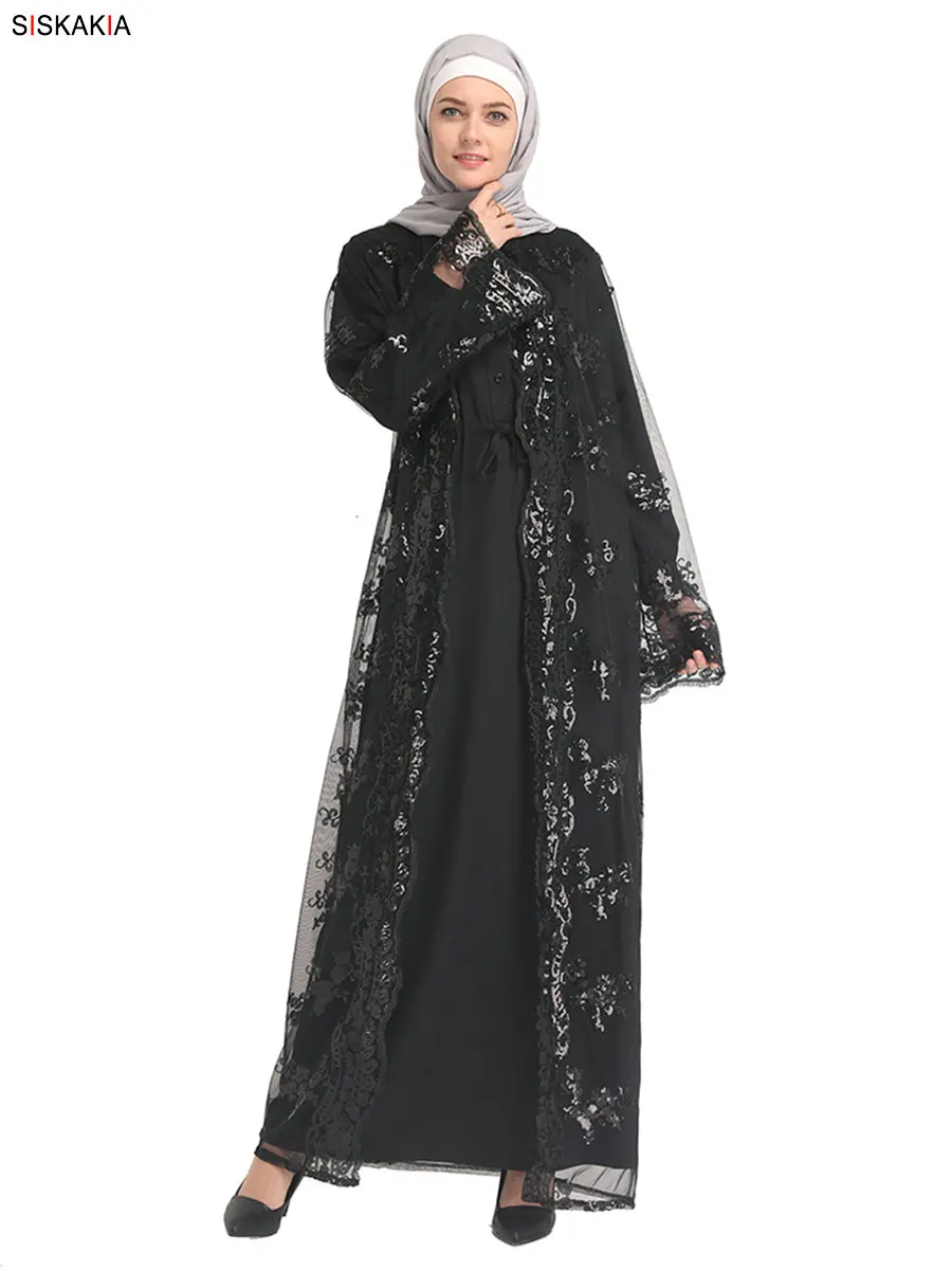 Siskakia Дубай элегантный кардиган Jubah арабский турецкий женский абайя верхняя одежда модный тонкий кружевной сетки Hox Fix Роскошные Блестки
