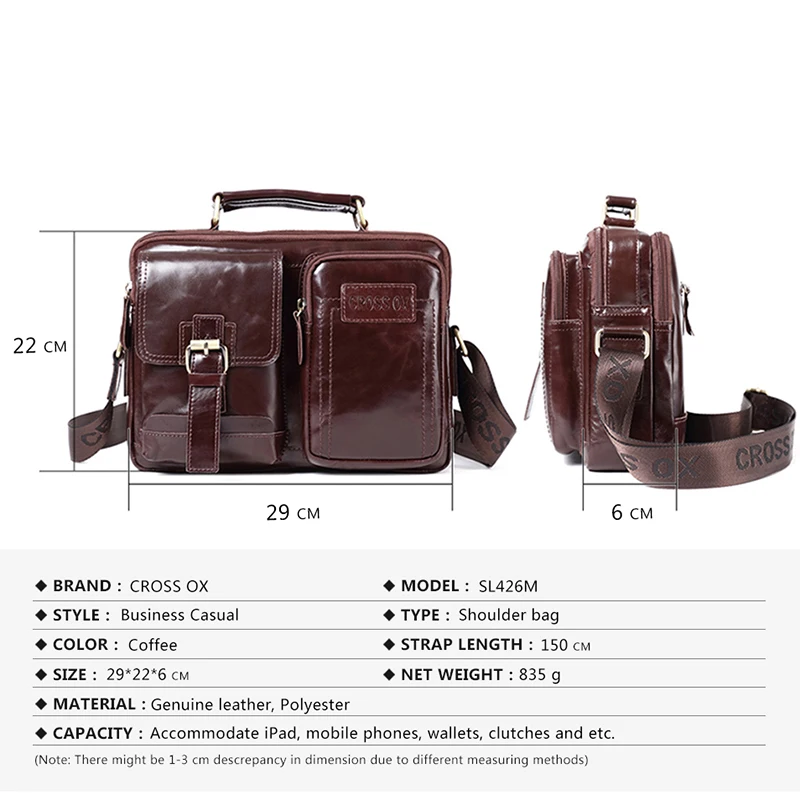 CROSS OX New Arrival Men Handbag Genuine Leather Shoulder Bag Casual Style Oil Wax Cow Functional Satchels SL426M |