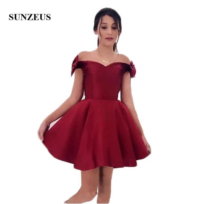 Wine Red Above Knee Homecoming Dresses Short Sweetheart Shoulder Bow Cute Girls Graduation Party Dresses vestidos cortos SHD06