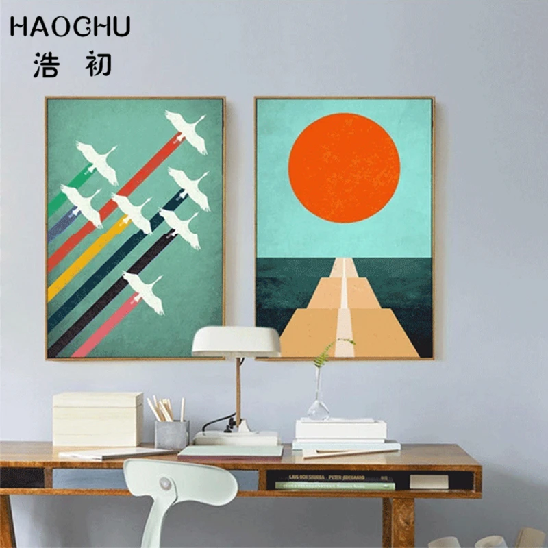 HAOCHU Triptych Modern Minimalist Landscape Abstract Mountain Sunset Decorative Canvas Painting Nordic Wall Picture for Home | Дом и сад