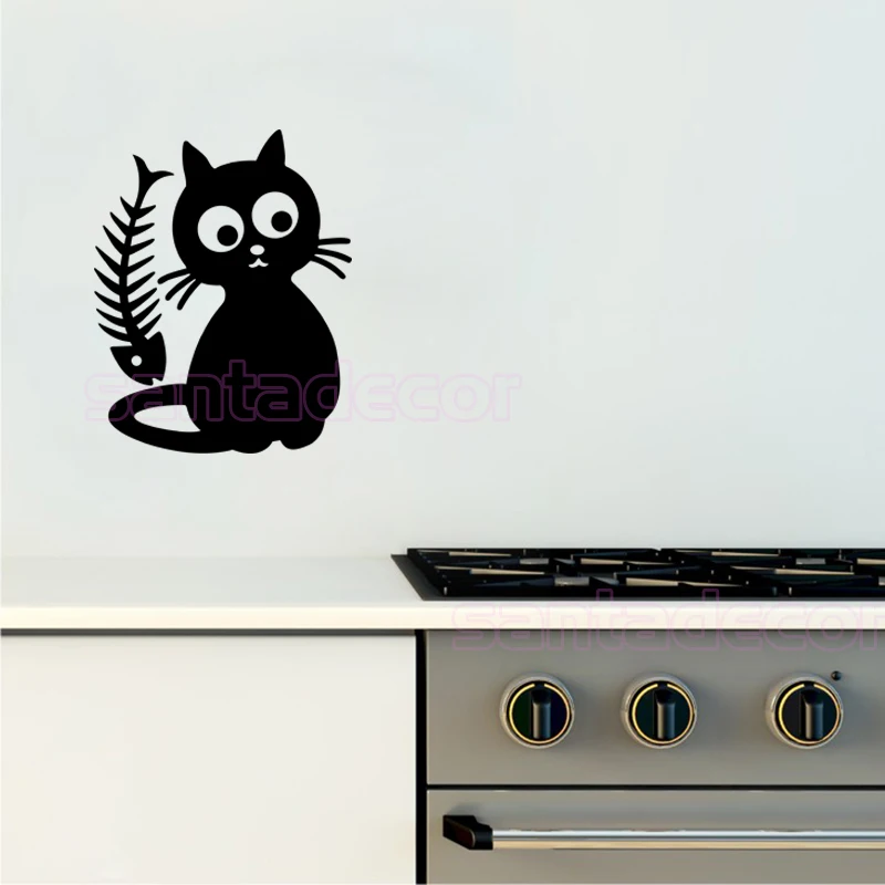 Stickers Cute Cat and Fish Bones Cuisine Kitten Vinyl Wall Art Decal Kitchen Wallpaper Fridge Home Decor House Decoration Poster