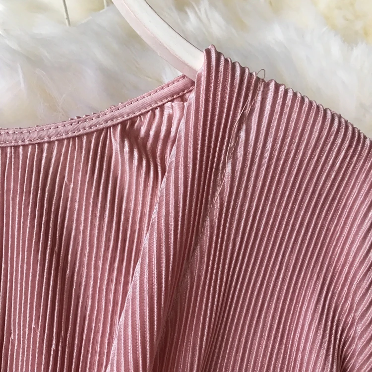 ALPHALMODA, весна-лето, плиссированные шифоновые блузки с v-образным вырезом, галстук-бабочка, пояс, рукав-фонарик, Женская однотонная модная одежда