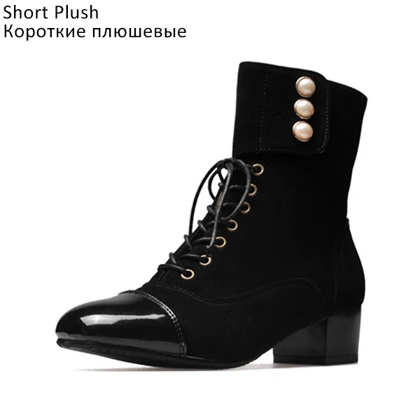 

Women Boots Winter Shoes Warm Chunky High Heels Ankle Martin Boots Woman Black Pearl Lace Up Female Short Boots Plus Size gu89
