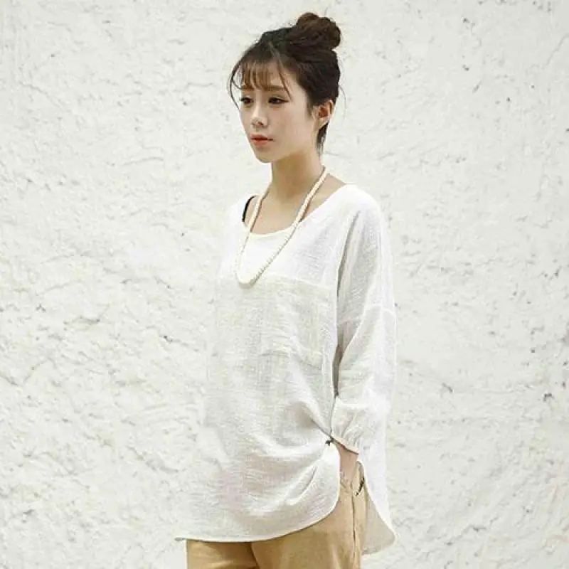 

2020 Spring Mori Girl Style Women Tops Three Quarter Sleeve Harajuku T-shirt Cotton Linen O-neck Girl T Shirt